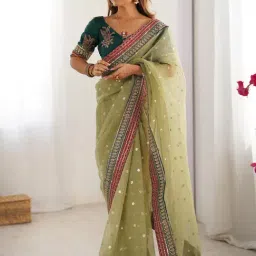 Saree Mall Light Green Organza Embellished Saree with Blouse Piece-image-11