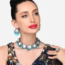 Zaveri Pearls Turquoise Blue Cluster Kundan Choker Necklace Earring Ring Set-ZPFK15907-image-42
