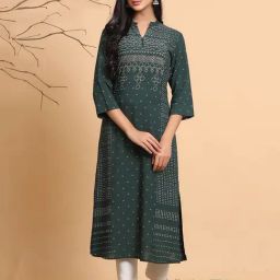 Juniper Jade Green Bandhani Printed Rayon Slub A-Line Kurta-image-18