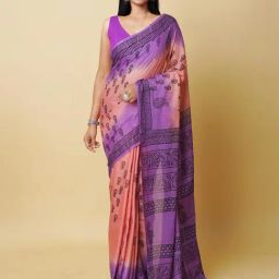 Unnati Silks Brown & Purple Cotton Printed Saree With Unstitched Blouse-picture-48