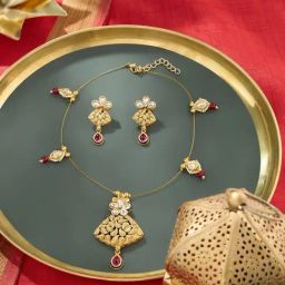 Zaveri Pearls Red Stones Beads Embellished Antique Floral Necklace & Earring Set-7