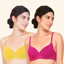 AROUSY Pink & Yellow Cotton Self Pattern T-Shirt Bra - Pack Of 2-picture-19
