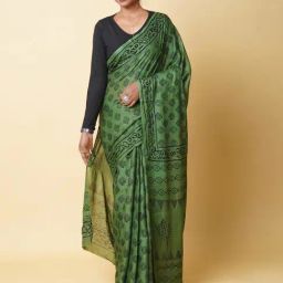 Unnati Silks Green Cotton Printed Saree With Unstitched Blouse-image-67