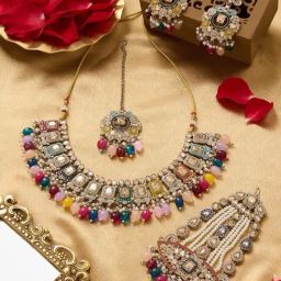 Zaveri Pearls MulticolorStones Beads Antique Necklace, Earrings, Maangtikka & Jhoomar Set-28