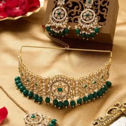 Zaveri Pearls Green Beads Dazzling Necklace, Earring & Maangtikka Set-picture-11