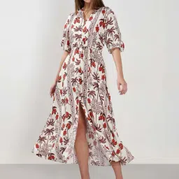 Vero Moda Off White Cotton Flare Fit Printed Dress-picture-0