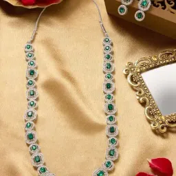 Zaveri Pearls Green Stones Dazzling Austrian Diamonds Bling Necklace & Earring Set-image-97