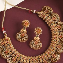 OOMPH Antique Gold Tone Red & Green Stone Choker Necklace Set with Drop Earrings-15