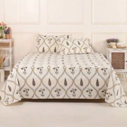 Peepul Tree Off White & Yellow Cotton 280 TC Double Bedsheet with 2 Pillow Covers-image-79