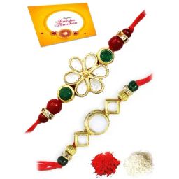 Karatcart Gold-Plated Kundan Rakhi with Roli Chawal & Greeting Card for Brother - Set of 2-2