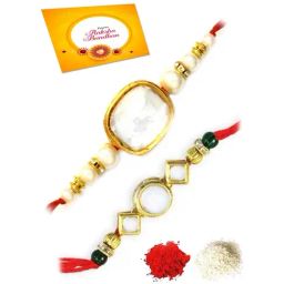 Karatcart Gold-Plated Kundan Rakhi with Roli Chawal & Greeting Card for Brother - Set of 2-9