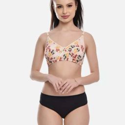 FIMS Peach & Black Floral Print Bra Panty Set-9