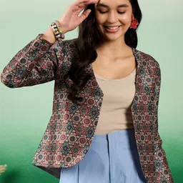 Sangria Ethnic Motifs Printed Notched Lapel Front Open Blazer-6