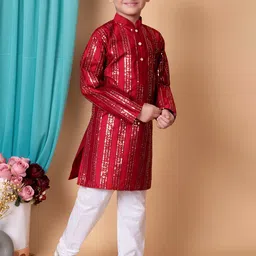 NFC CREATION Boys Embroidered Regular Sequinned Dupion Silk Kurta with Pyjamas image 3