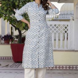 Pistaa Geometric Printed High Slit Mandarin Collar Pure Cotton A-Line Kurta With Trousers-picture-44