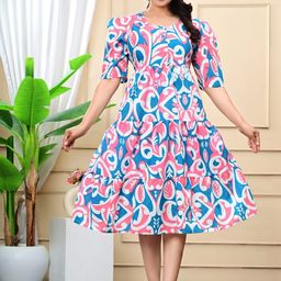 THE WHITE FEATHERS Women Abstract Printed Puff Sleeve Fit & Flare Midi Dress-image-67