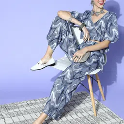 ZIYAA Women Deep Navy Blue Printed Top with Palazzos-image-10
