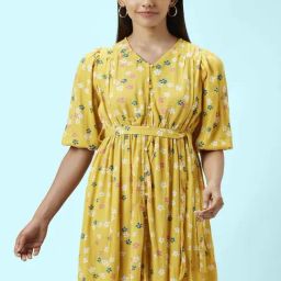 People by Pantaloons Mustard Floral Print A-Line Dress-picture-8