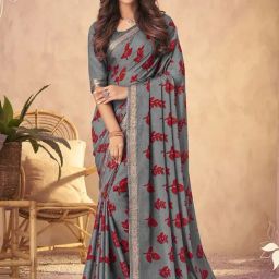 Satrani Grey Printed Saree With Unstitched Blouse-image-4