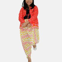 Kiddopanti Kids Red & White Printed Full Sleeves Shrug with Harem Pants-image-42