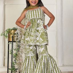 Cutiekins Girls Printed Shoulder Straps Gotta Patti A-Line Kurta With Sharara & Dupatta-picture-5