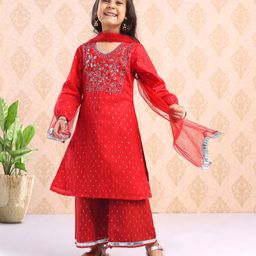 Babyhug Three Fourth Sleeves Embroidered Kurti & Palazzo Set With Dupatta- Red-image-1