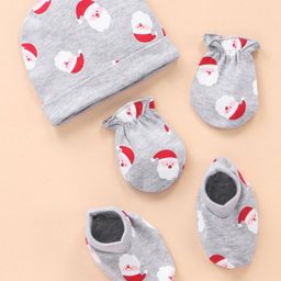 Babyhug Cotton Cap Mittens & Booties Set Santa Print - Grey-image-47