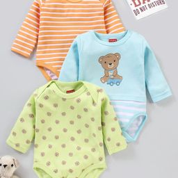 Babyhug 100% Cotton Full Sleeves Onesies Stripes & Bear Print Pack of 3 - Green Blue Orange-picture-41