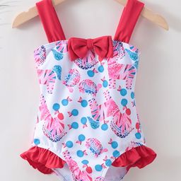 Babyhug Sleeveless V Cut Swimsuit Zebra Print & Bow Applique - Red White & Blue-image-59