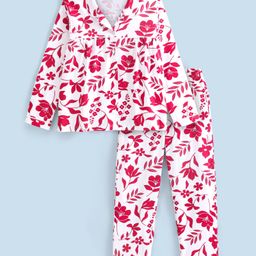 Honeyhap Premium 100% Cotton Knit Full Sleeves Pyjama Sets with Bio Finish Floral Print - White-image-27