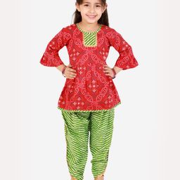 Superminis Three Fourth Sleeves Bandhej Kurti With Leheriya Dhoti Set -  -  Red-image-45