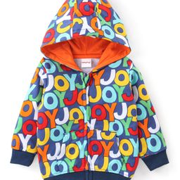Babyhug Cotton Knit Full Sleeves Hooded Sweatjacket with Zipper & Text Print - Navy Blue-image-49