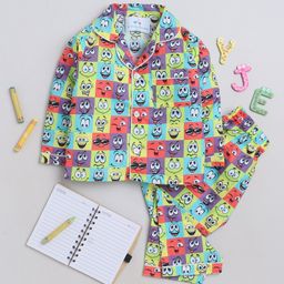 Knitting Doodles Premium Cotton Full Sleeves Funny Faces  Printed    Coordinating Night Suit - Multi Colour-image-16