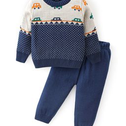 Babyhug Knitted Full Sleeves Sweater Set With Car Design - Navy Blue-image-51