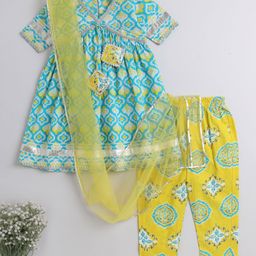 The Magic Wand Half Sleeves Ethnic Motif Printed & Gota Lace Embellished Kurta With Pant & Dupatta - Turquoise Blue-image-19