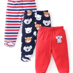 Babyhug Cotton Full Length Bootie Leggings Koala Bear Print Pack of 3 - Blue & Red-image-84