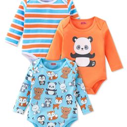Babyhug 100% Cotton Knit Full Sleeves Panda Print Onesies Pack of 3 - Multicolour-image-73