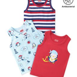 Babyhug 100% Cotton Antibacterial Sleeveless Vests Striped & Penguin Printed Pack of 3 - Red & Blue-image-29