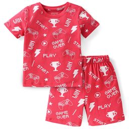 Babyhug Cotton Knit Half Sleeves Night Suit With Video Game Console Print- Red-image-81