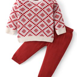Babyhug Knitted Full Sleeves Sweater Set with Argyle Design - Red & White-26