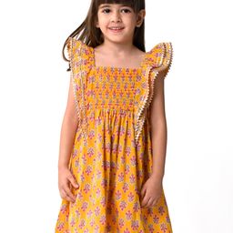 Babyhug Cotton Woven Cap Sleeves Ethinic Dress with Floral Print Ruffle Detailing -Mustard-image-86