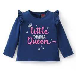 Babyhug Cotton Knit Full Sleeves Top with Frill Detailing & Text Print - Navy Blue-image-78