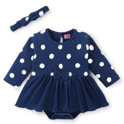 Babyhug 100 % Cotton Knit Full Sleeves Frock Style Onesie With Hairband Polka Dot Print-Navy Blue-image-45