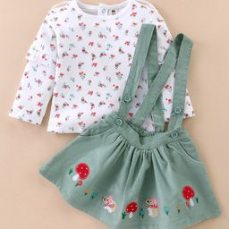 ToffyHouse 100% Cotton Knit Full Sleeves Top & Woven Corduroy Skirt With Suspender & Floral Print & Embroidery - White & Olive-image-89