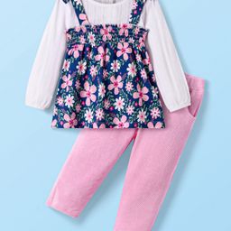 Babyhug Single Jersey Knit Full Sleeves Top & Lounge Pant Set With Floral Printed Frock & Bow Applique - Navy Blue White & Pink-image-97