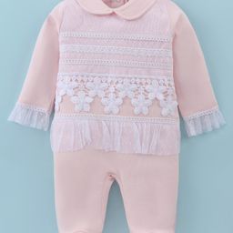 ToffyHouse 100% Cotton Knit Full Sleeves Footed Peter Pan Collared Romper with Floral Lace Detailing - Baby Pink-image-100
