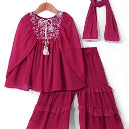 Babyhug Woven Cape Sleeves Kaftan Style Kurti Gharara Set with Dupatta & Sequin Embroidery - Hot Pink-image-70