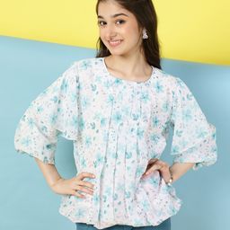ISHTI Three Fourth Balloon Sleeves Floral Pleated Top - Sea Green-picture-8