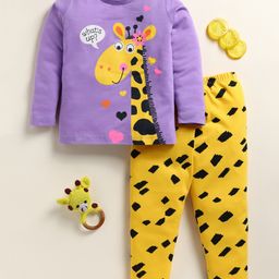 Little Marine Cotton Kint Full Sleeves Giraffe Printed Night Suit - Violet Purple & Yellow-image-65