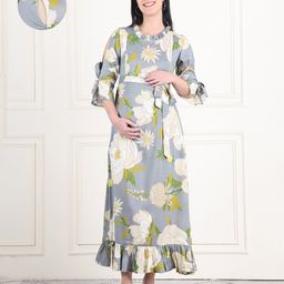 Moms Maternity Cotton Slub Three Fourth Sleeves Floral Printed Dress With Nursing Access - Grey-image-62
